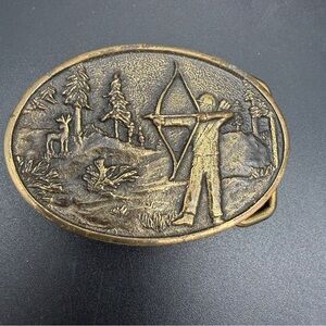 BTS Solid Brass Belt Buckle Archery Deer Hunting Hunter Woods 1978 Made In USA